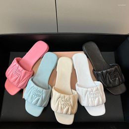 miui Pink Summer high-quality Brand Slippers 2023 Women Slipper Fashion Pleated Slip On Sandal Flat Heel Outdoor Casual Beach Slides Shoes Flip Flop