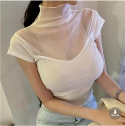 Women's T Shirts 2023 Fashion Design Casual Sexy Micro Permeable Mesh Stitching Women's Breast Showing Tight Sleeveless T-shirt