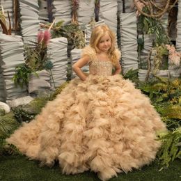 Girl Dresses Tulle A-Line Flower Sequined O-Neck Short Sleeve Feathers Backless Floor-Length Birthday Party Dress Pageant Gowns