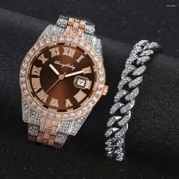Wristwatches 2pcs Full Iced Out Watches Mens Bracelet Red Dial Luxury Watch Jewellery For Men Gold Hip Hop Set Clocks