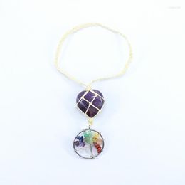 Pendant Necklaces Natural Stone Heart Car Hanging 7 Chakra Tree Of Life Chip Tumbled Crystal Rope Wire Healing Amulet Fengshui Energetic