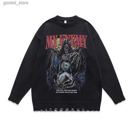 Men's Sweaters Skulls Print Gothic Men's Sweater Harajuku Anime Tops Ripped Oversized Streetwear Knitted Women Sweaters 2023 Winter Pullovers Q231115
