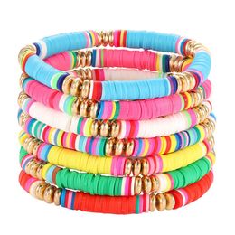 Surfer Heishi Bracelets Beaded Strands for Women Stackable Rainbow Vinyl Disc Clay Beads Stretch Elastic Layering Friendship Bracelet Boho Summer Beach Jewellery