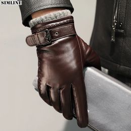 Five Fingers Gloves Genuine Leather Gloves For Men Male Sheepskin Touch Screen Winter Warm Windproof Mittens Driving Cycling Motorcycle Men's Gloves 231115