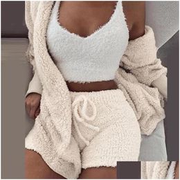 Two Piece Dress Women Polyester Home Pajamas Three-Piece Set Soft Y Slee Winter Plush Casual Bedroom Cardigan Blouse Short Pant Vest D Dhzqw