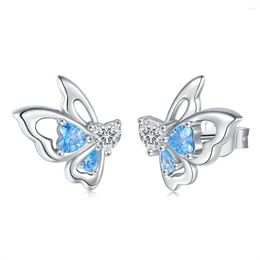 Stud Earrings 925 Sterling Silver Butterfly With Shiny Blue CZ Cute Animal Jewellery Birthday Gifts For Women Daughter Teen Girls