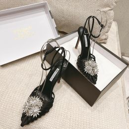 Aquazzura Flower crystal-embellished Satin Slingback Sandals ankle strap pumps Stiletto high heels women's designer luxury Evening Party wedding shoes size 34-43