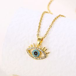 Women Necklaces Blue Evil Eyes Pendant with Stainless Steel Link Chain Fashion Design Gold Plated Iced Out Bling Cubic Zirconia Choker Jewellery Gift for Lady