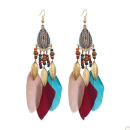 Dangle Chandelier Bohemian Ethnic Style Long Earrings For Women 2021 Fashion Handmade Wooden Beads Leaf Feather Tassel Dro Dhgarden Dhx4M