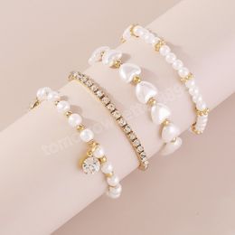 Fashion Pearl Beaded Rhinestone Chain Bracelet Women Temperament Simulated Heart Pearl Bracelet Bangles Jewelry