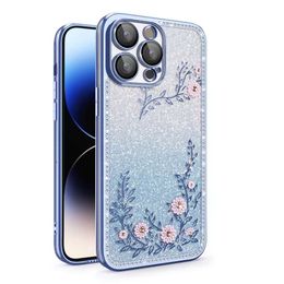 Gradient Transparent Floral Flash Diamond Phone Case For Iphone 14 Plus 13 12 11 Pro Max Luxury Women Rhinestones Cover Shockproof Anti-Drop