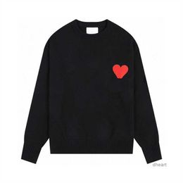 Amis Mens Paris Fashion Designer Amisknitted Sweater Hoodie Embroidered Red Heart Solid Colour Round Neck Long Sleeve Shirts for Men Women T7wv