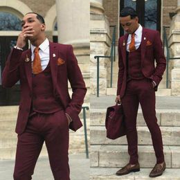 Men's Suits Burgundy Men Suit 3 Pieces Business Blazer Vest Pants Single Breasted Modern Wedding Groom Formal Work Party Causal Tailored