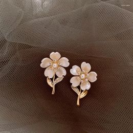 Dangle Earrings Korean Fashion Jewellery 14K Gold Plated White Acrylic Flower Leaf Zircon Elegant Women's Daily Work Accessories