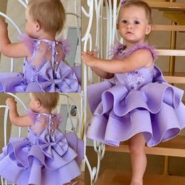 Girl Dresses Lavender Ruffles Flower Dress With Bow Sheer Back Beading Knee-Length Satin Cute Custom Made Kids Birthday Party Gowns