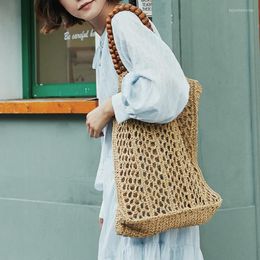 Evening Bags Fashion Hollow Large Straw Tote Bag Wooden Beaded Handle Women Handbags Paper Woven Shoulder Casual Summer Beach Big Purse
