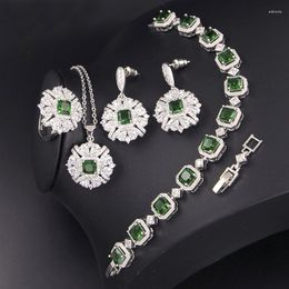 Necklace Earrings Set Fashion Square Green Cubic Zirconia Jewelry For Women Rings Bracelet Jewellery Sets