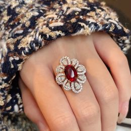 Flower Ruby Diamond Ring 925 sterling silver Party Wedding band Rings for Women Bridal Promise Engagement Jewellery Birthday Gift