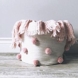 Storage Baskets 1pc Cotton Rope Knitted Pompom Decor Laundry Basket Toy Bucket Po Prop Organizer Large Capacity