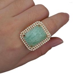 Cluster Rings YYGEM 23x27mm Natural Amazonite Rectangle Cz Pave Ring Gold Plated Adjustable
