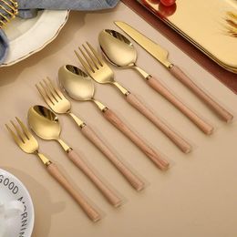 Dinnerware Sets Wooden Handle Small Man'S Waist 304 Stainless Steel Tableware Knife Fork Spoon Set Bright Gold Steak Western Restaurant Ho