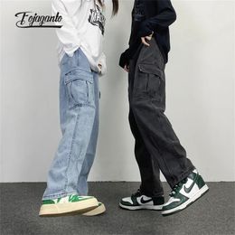 Mens Jeans FOJAGANTO Men Jean Pants Japanese Retro Washed Straight WideLeg Loose Big Pocket Couple Hip Hop Street Denim Male 231116