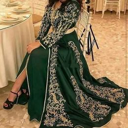 Elegant Moroccan Kaftan Dark Green Evening Dresses Long Sleeves A Line Satin Formal Occasion Dress Gold Lace Appliques Arabic Turkey Party Prom Gowns 2024