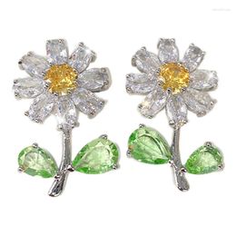 Stud Earrings Women Daisy With Green Leaf Yellow Flower Fancy Accessories For Party Luxury CZ Trendy Jewellery