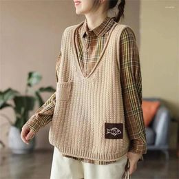 Women's Tanks Vintage Label Waistcoat Knit Vest 2023 Autumn V-neck Loose Casual Pullover Sweater Clip