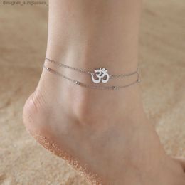 Anklets Skyrim Indian Buddhism Yoga OM Anklet Women Stainless Steel Double Layer Beads Chain Ankle Bracelet Amulet Summer AccessoriesL231116
