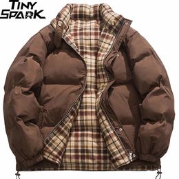 Men's Down Parkas Reversible Jacket Men Hip Hop Retro Plaid Jacket Parka Streetwear Harajuku Padded Jacket Winter Thick Windbreaker Warm 231115