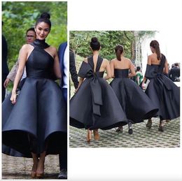 Black Elegant 2023 Arabic Bridesmaid Dresses Halter Ball Gown Satin Maid Of Honor Dresses Ankle Length Formal Party Gowns