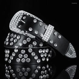 Belts Women's Rhinestone Belt Leather Studded With Diamond Full Two Layers Of Cowhide