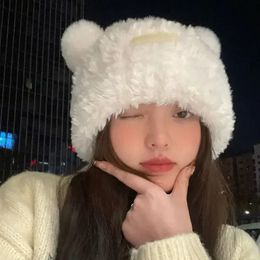 BeanieSkull Caps Hats For Women Fashion Panda Ear Thick Plush Bucket Hat Girls Autumn Caps Skullies Beanies Bonnets For Women Winter Hat 231116