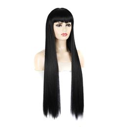 yielding 80cm long straight hair wig Headcover women's lengthened long straight hair Qi bangs oblique bangs wig Headcover