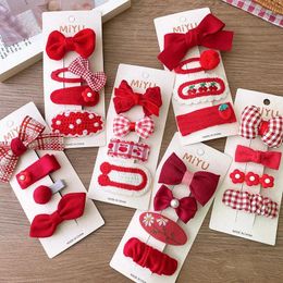 Hair Accessories 4PCS Set Red Cloth Fabric Plaid Dot Bow Woolen Embroidered Knitting Flower Cherry Clips For Girl Cute Kawaii Fairy Hairpin