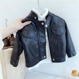 Jackets 3-11Y Children Faux PU Leather Jacket Autumn Boys Girls Coat Stand Collar Zipper Casual Windproof Kids Outerwear Clotheshes Hw38