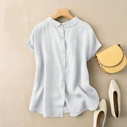 Women's Blouses Womens Cotton Solid Colour Shirts Collared Hem Slit Tops Short Sleeves Round Neck Loose Fit Shirt Casual Basic Blusas