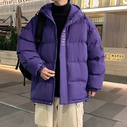 Men's Down Parkas Purple Inflatable Jacket Winter Thickened and Warm Street Clothing Cotton Apron with Hood for Loose Fit in the Park 231116