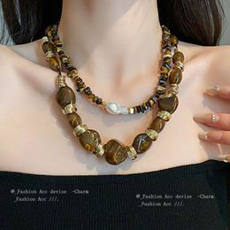 Pearl Tiger Eye Stone Irregular Necklace Maillard Style Sweater Chain Fashion Versatile Jewelry