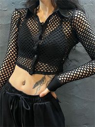 Women's Blouses Women Fashion Fishnet Shirts Crop Tops Long Sleeve Solid Color Button Down Lapel Y2K Shirt Clothes