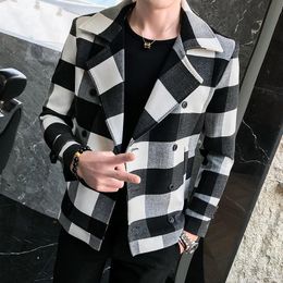 Men's Jackets Men Double Breasted Trench Coat 2023 Spring Thin High Quality Retro Plaid Jacket Slim Short Wool Fashion ClothingMen's