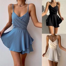 Casual Dresses Sweet Women Spaghetti Strap Mini 2023 Summer Sexy Backless White Black Sleeveless Slim Holiday Irregular Dress For Woman