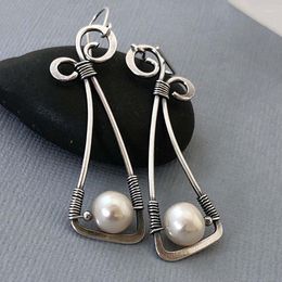 Dangle Earrings Vintage Silver Colour Metal Spiral White Pearl Tribal Hollow Triangle Swirl Long Earring For Women