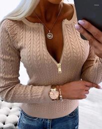 Women's Blouses Fashion Blouse Women 2023 Autumn Clothes Round Neck Long Sleeve Zipper Design Cable Knit Sweater Casual Versatile Pullover