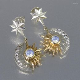 Dangle Earrings Creative Fashion Sun Moon Vintage Jewellery Silver Colour Metal Inlaid Moonstone Carving Star For Women