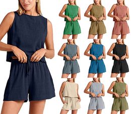 Women Summer 2 Piece Tracksuits Outfits Shorts Sets Sleeveless Crop Top Tank and High Waisted Shorts Romper Pockets