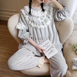 Women's Sleep Lounge Autumn Winter Women Warm Striped Flannel Pajama Sets.Vintage Lady Ruffle Pyjamas Suit.Cute Princess Nightcloths Home loungewear zln231116