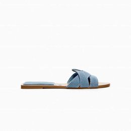 Nxy Sandals Womens Blue Denim Flats Summer Casual Rounded Toe Slides Female Sexy Beach Slipper Outdoor Flat Shoe 230406