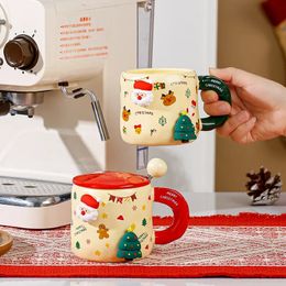 Mugs DIY Magnetic Christmas Ceramic Cup Large Cartoon Coffee Mug with Lid Spoon 3D Couple Santa Milk Drink 231116